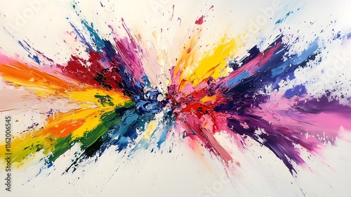 A splash of colors colliding at the center creating a beautiful fusion of paint on a white canvas