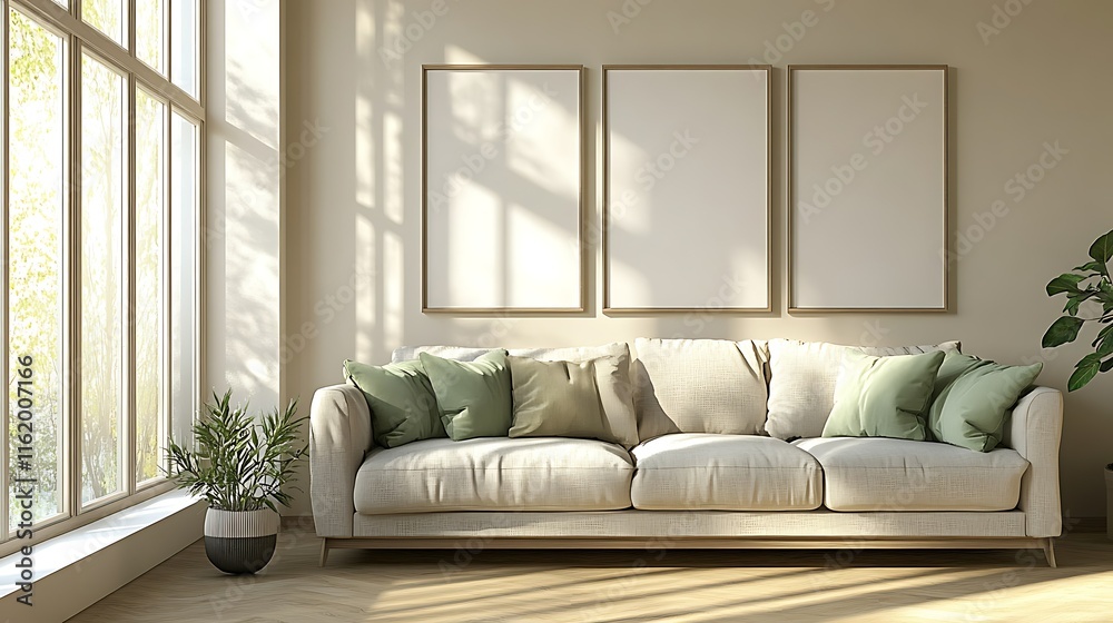 Fototapeta premium Sunlit living room with beige sofa, three blank frames, and plants.