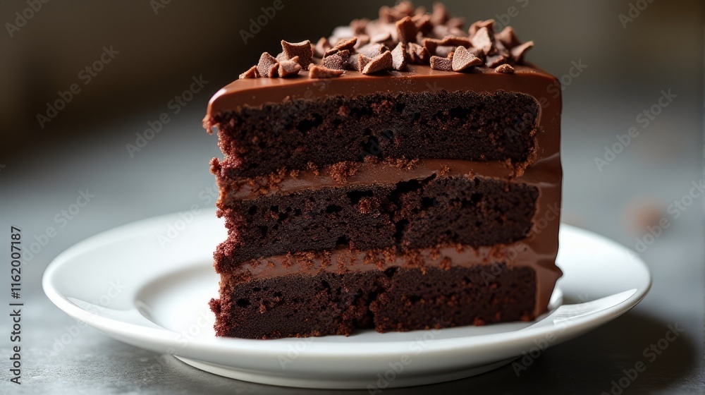 A Rich, Decadent Three Layer Chocolate Cake Slice on a White Plate, Cake is Covered in Glossy Chocolate Ganache and Topped with Chocolate Shavings A Rich, Decadent Three Layer Chocolate Cake Slice on a White Plate, Cake is Covered in Glossy Chocolate Ganache and Topped with Chocolate Shavings