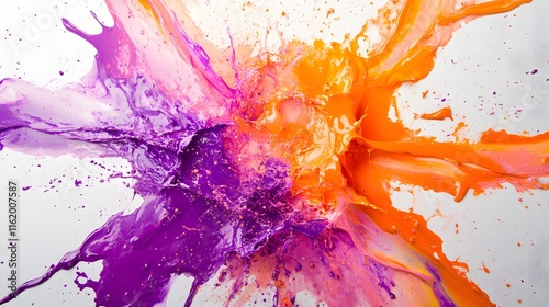 A collision of purple orange and pink paint splashing together in the center of the canvas creating a fluid design