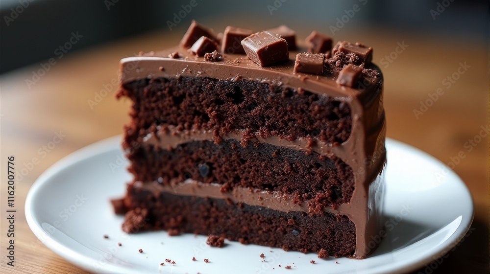 A Rich, Decadent Three Layer Chocolate Cake Slice on a White Plate, Cake is Covered in Glossy Chocolate Ganache and Topped with Chocolate Shavings A Rich, Decadent Three Layer Chocolate Cake Slice on a White Plate, Cake is Covered in Glossy Chocolate Ganache and Topped with Chocolate Shavings