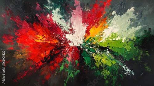 A creative collision of colorful splashes in the center with hues of red and green blending into one another