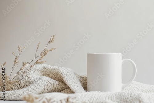 White mug on cozy knitted sweater with dried flowers. photo