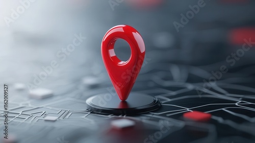 A vibrant red location pin stands out on a dark map background, symbolizing navigation and pinpointing specific locations. photo