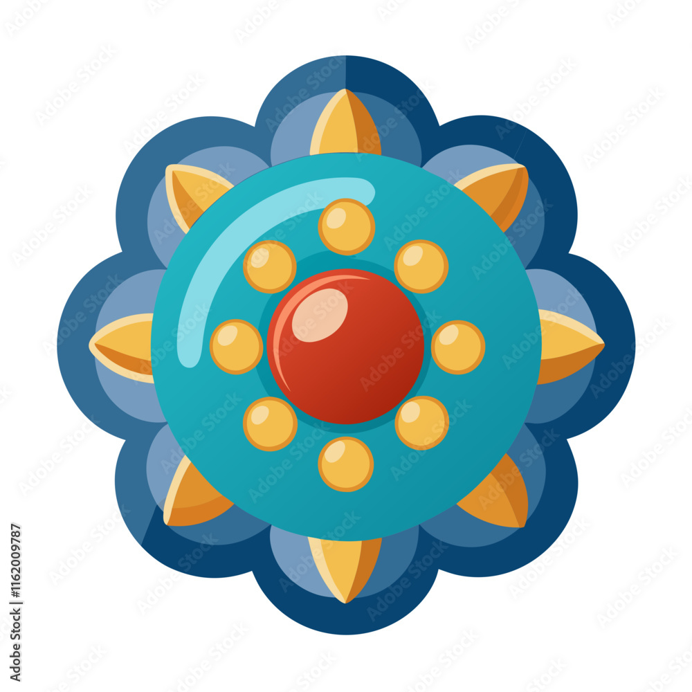 Fototapeta premium Blue Mandala Flower with Red Center-Vivid vector illustration of a mandala-style flower featuring a blue base, red center, and golden accents, ideal for decor or artistic themes.