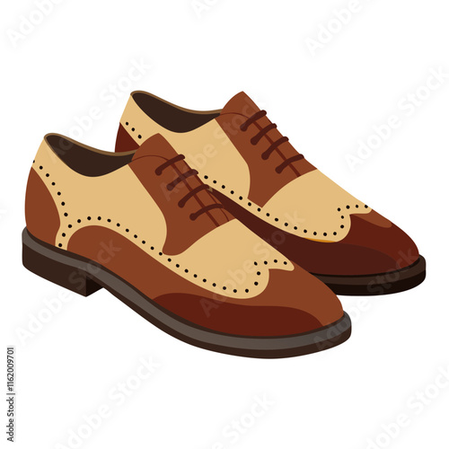 Brown and Beige Brogue Oxford Shoes Illustration-Vector illustration of stylish brown and beige brogue Oxford shoes with lace-up design and perforated details, perfect for formal or vintage themes.  
