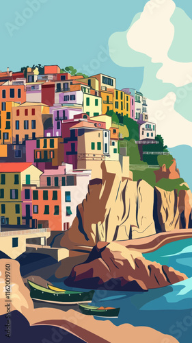 Retro Cinque Terre Italy Poster: Mediterranean Seaside Landscape Travel Art