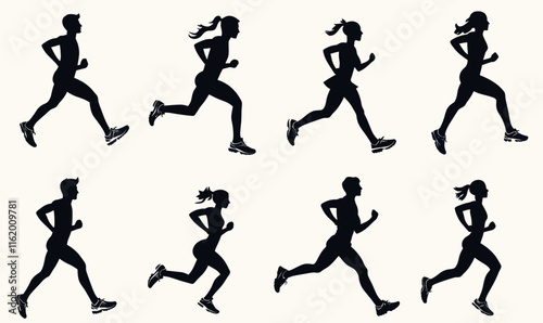 Dynamic Silhouettes of Men and Women Running for Sport and Fitness Concepts