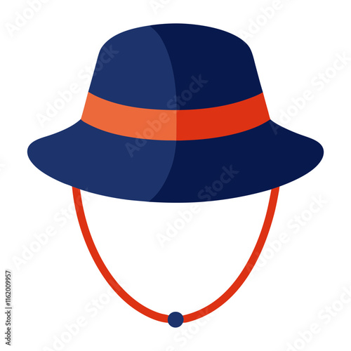 Navy Blue Bucket Hat with Red Strap-Flat vector illustration of a navy blue bucket hat with a red band and chin strap, perfect for outdoor, travel, or summer themes.
