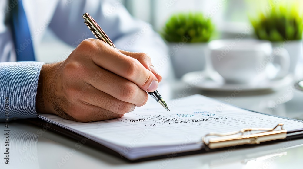 A person writing notes in a notebook with a coffee cup nearby. A person writing notes in a notebook with a coffee cup nearby.