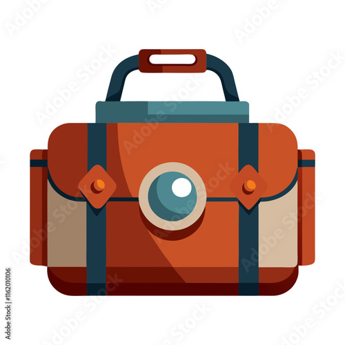 Stylized Cartoon Leather Satchel Illustration-Vector illustration of a detailed cartoon leather satchel with straps, handle, and circular clasp, perfect for travel or adventure themes.
