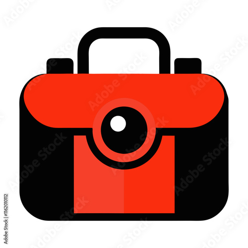 Minimalist Red Cartoon Briefcase Icon-Flat vector illustration of a minimalist red and black cartoon briefcase with a handle and circular clasp, ideal for office themes.
