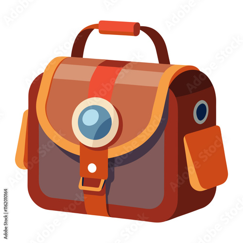 Cartoon Leather Satchel Bag Illustration-Stylized vector illustration of a cartoon leather satchel bag with a handle, buckle strap, and side pockets, ideal for travel themes.
