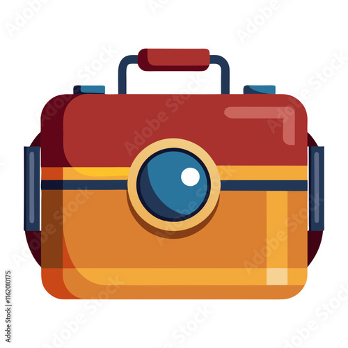 Modern Cartoon Travel Bag Illustration-Vector illustration of a colorful modern cartoon travel bag with a round clasp and handles, ideal for luggage or exploration themes.
