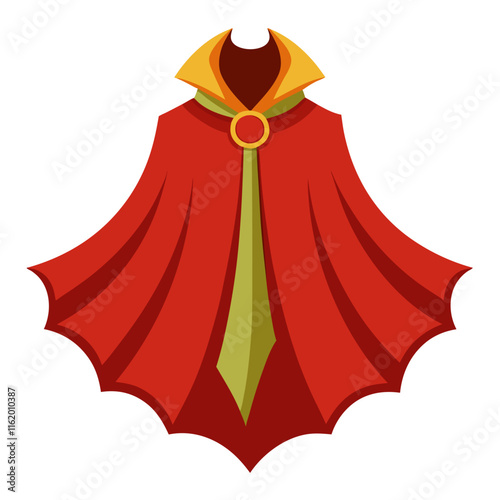 Red Cape with Gold Collar and Green Tie-Flat illustration of a red cape featuring a gold collar, central ring clasp, and a green tie-like detail, designed heroically.
