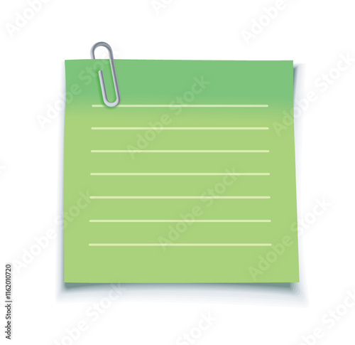 Green lined paper note with a silver paperclip on a white background, realistic vector illustration with shadows, ideal for reminders, creative projects, or office designs