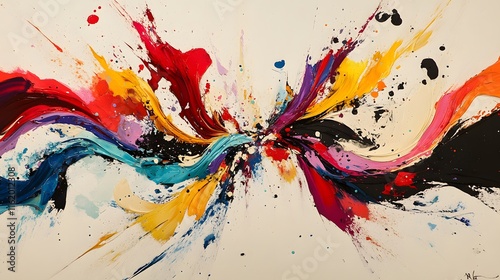 Bold splashes of color colliding together at the center creating intricate and fluid shapes