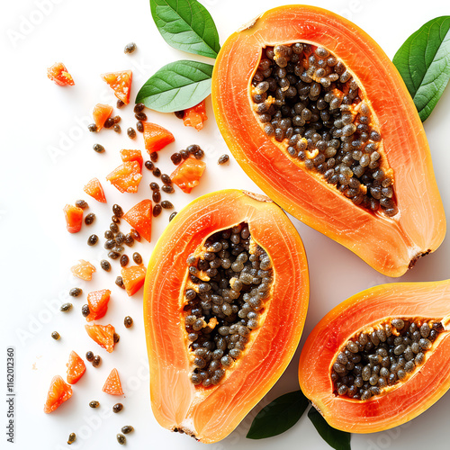 Halves of ripe papaya with seeds and green leaves isolated on white background photo