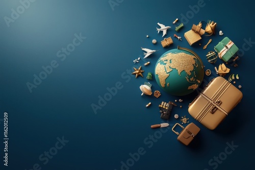 Vacation planning essentials globe surrounded by luggage and travel items travel visual arrangement studio setting travel concept photo