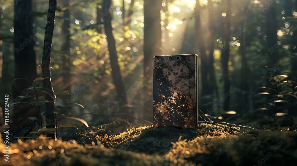 Obraz premium A portable charging cover with a nature-inspired design, placed on a serene forest background with sunlight filtering through trees.