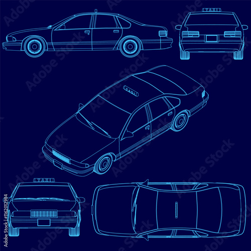 Blue drawing of a taxi cab. The taxi cab is shown from the front, back, and side
