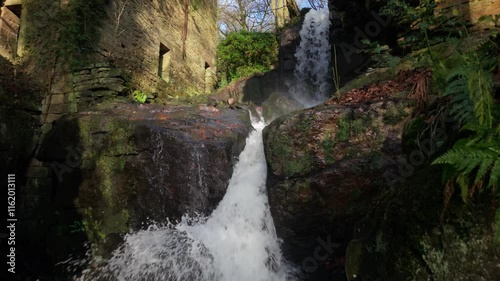 Drone view of Lumsdale falls streaming on rocks in a steep-sided wooded gorge in Derbyshire, England