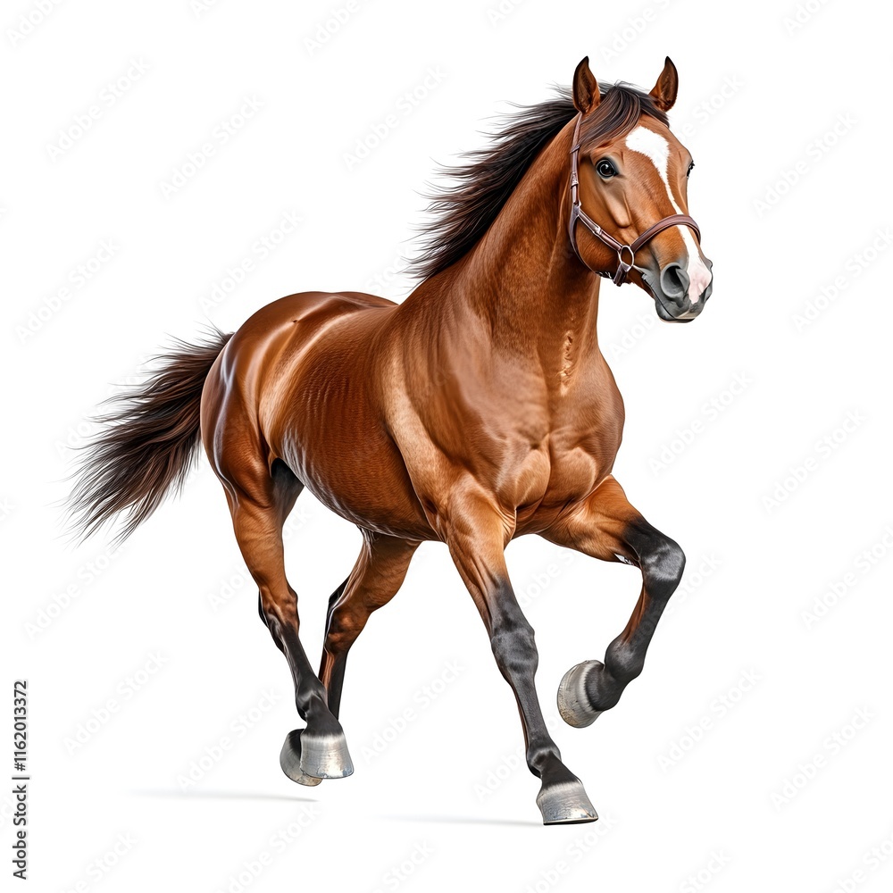 Obraz premium Powerful Brown Horse Trotting with Flowing Mane and Tail in Motion