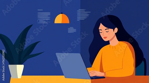 A young woman with dark hair working on a laptop in a cozy setting with a plant and soft lighting.