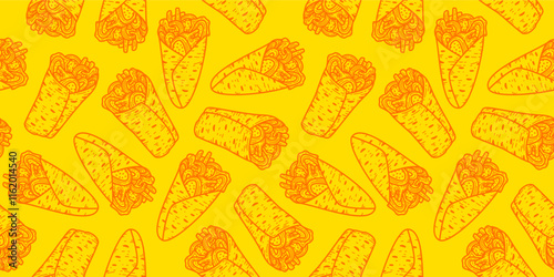 Kebab Illustration Pattern. shawarma pattern background. burrito pattern background. Rolled Sandwich doodle illustration