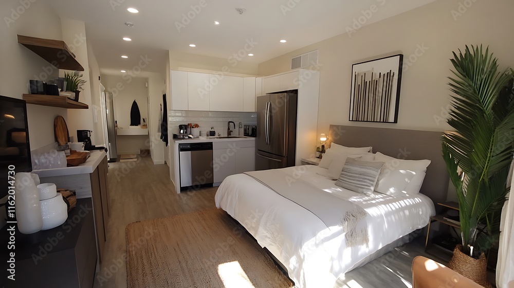 Fototapeta premium Modern Studio Apartment with King-Size Bed and Kitchenette