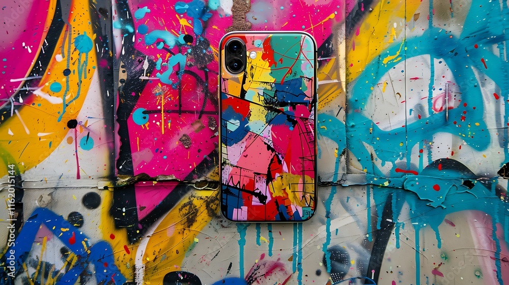 Fototapeta premium A vibrant mobile phone cover with abstract art, displayed against a background of colorful street graffiti and urban vibes.