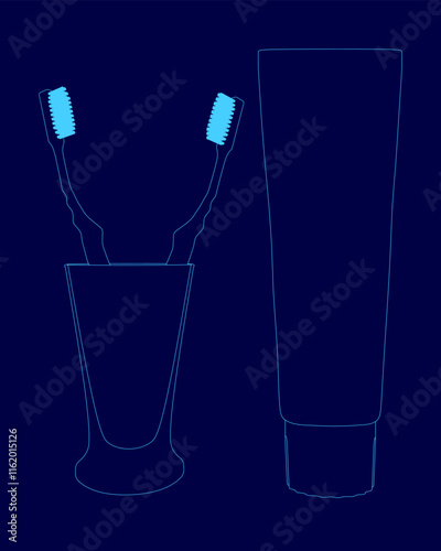 Toothbrush and a tube of toothpaste are shown in a blue background. The toothbrush is in a cup, and the tube is next to it. Concept of dental hygiene and the importance of brushing teeth regularly