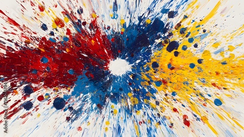 Bold splashes of red blue and yellow merging in the center creating a dynamic abstract artwork