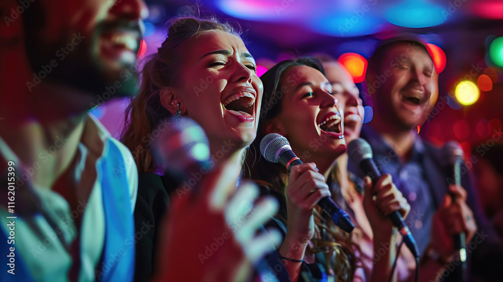 happy business people, singing and laughing during a karaoke night, vibrant and dynamic, natural lighting, joyful mood,