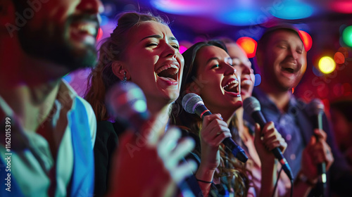 happy business people, singing and laughing during a karaoke night, vibrant and dynamic, natural lighting, joyful mood,