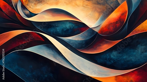 Hard-edged angular shapes intersecting with curved flowing lines creating an intense contrast of form and movement