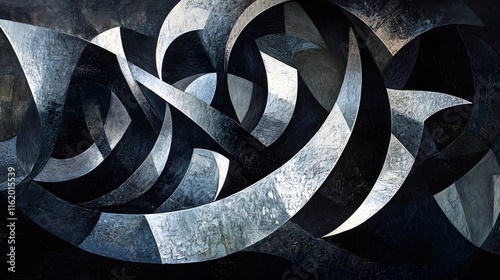Hard-edged angular shapes intersecting with curved flowing lines creating an intense contrast of form and movement