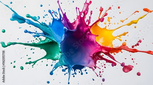 Multiple colorful splashes of paint colliding at the center creating an energetic abstract pattern