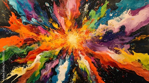 A burst of colorful energy colliding at the center with fluid paint lines flowing outward in vibrant hues