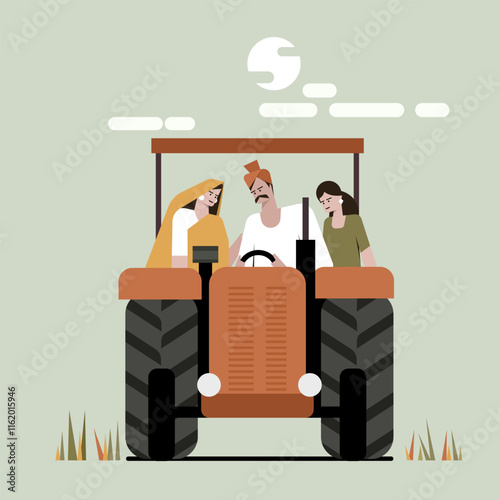 Illustration of an Indian farmer and his family travelling in a tractor