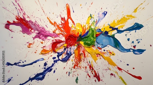 A splash of bright colors meeting at the center of the canvas with swirling lines of paint expanding outward