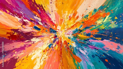 Colorful paint splashes colliding in the center creating fluid designs of vibrant and contrasting hues