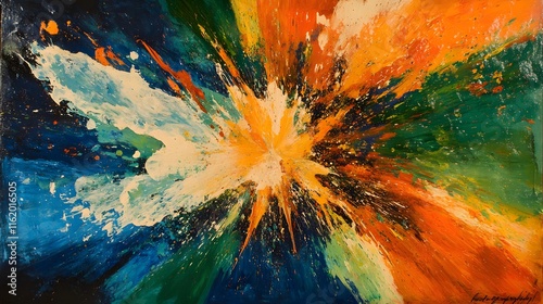 A burst of paint colliding in the center with shades of orange blue and green mixing in a dynamic visual display