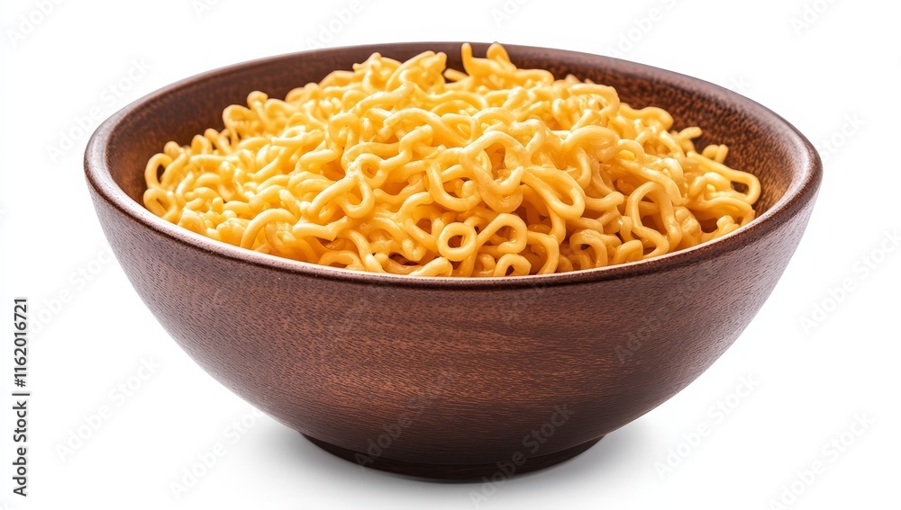 Cooked instant noodles in a wooden bowl. Cooked instant noodles in a wooden bowl.