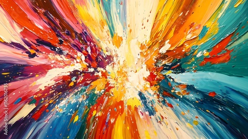 Colorful paint splashes colliding together in the center creating an abstract fusion of vibrant tones