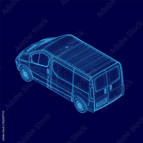 Blue car is shown in a 3D. The car is a van and is shown in a very detailed and realistic way. The image has a futuristic and high-tech feel to it