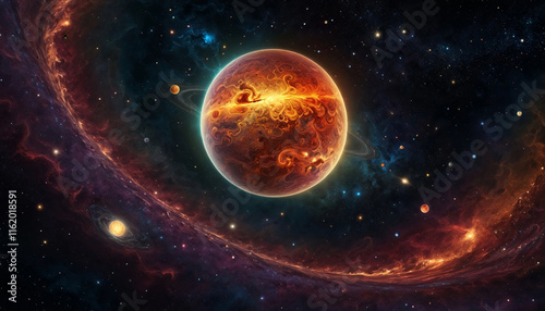 abstract of a planet in space, featuring swirling colors and dynamic shapes that convey a sense of cosmic movement