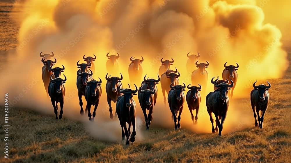 Herd of wildebeests charging through dust at sunset in African savanna