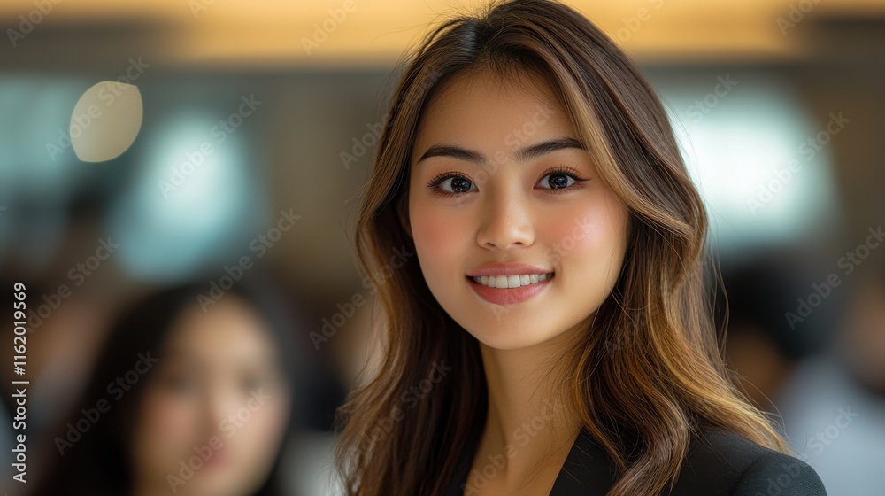 Fototapeta premium A woman with long brown hair and a black dress is smiling. Generative AI
