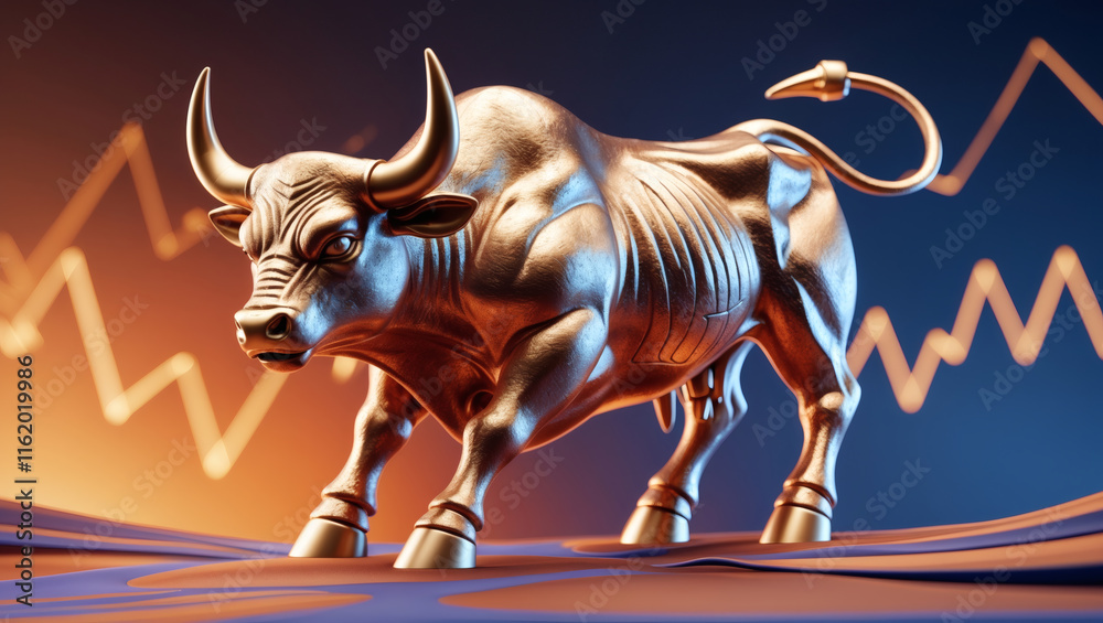 Obraz premium Golden bull statue against a backdrop of rising stock market charts. A symbol of financial success and market growth.